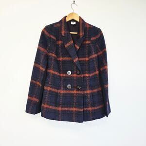 Cabi Checkmate Jacket Navy Blue Orange Plaid Double Breasted Blazer Medium